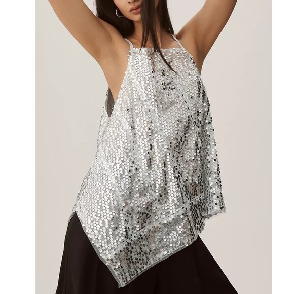 By Anthropologie Sequin Halter Tank Light Blue Silver - Small - Picture 5 of 12